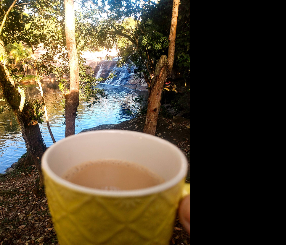 Queda d'água e poço da Cachoeira dos Pilões, em São Tomás, Imaruí (SC), vistos entre árvores