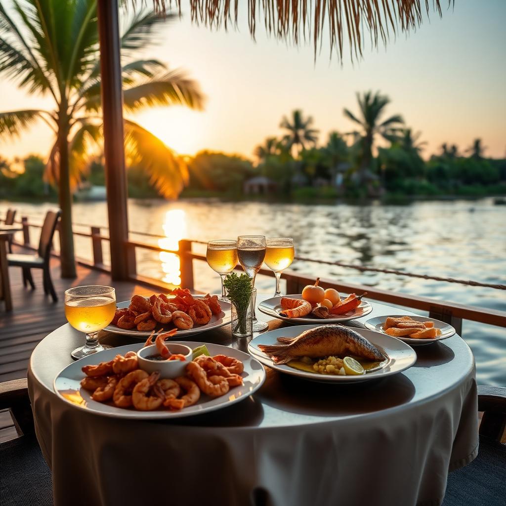 Mesa com frutos do mar em restaurante à beira da Lagoa de Imaruí, SC