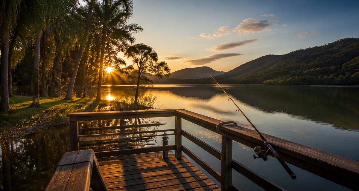 Deck de pesca sobre o lago do PIER8 em Imaruí, SC, ao pôr do sol