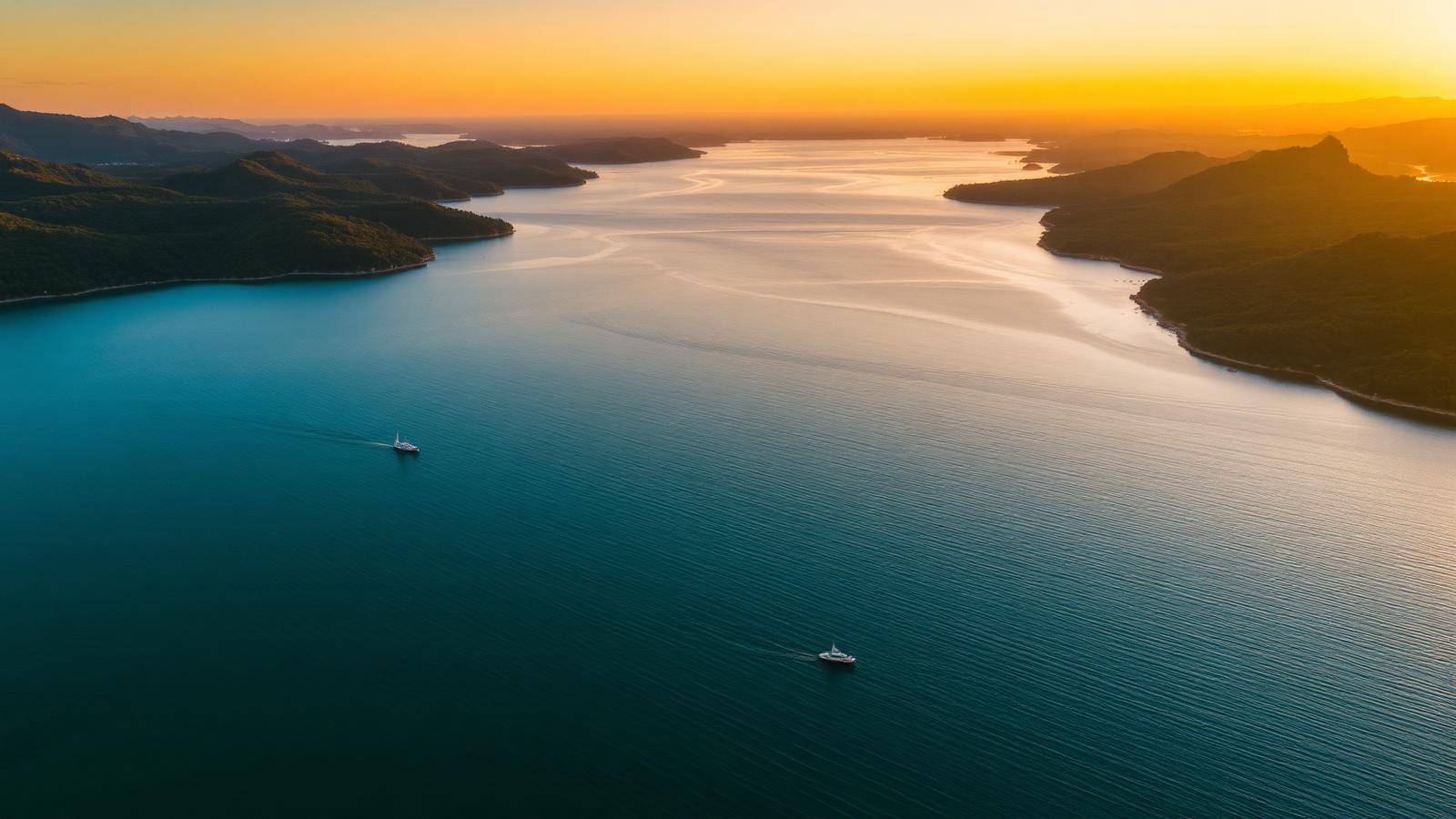 Vista aérea da Lagoa de Imaruí durante o pôr do sol
