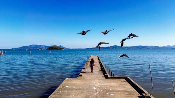 Trapiche de concreto do centro histórico de Imaruí avançando sobre as águas azuis da Lagoa de Imaruí, com gaivotas voando e morros verdes ao fundo, ponto final da rota turística SC-437