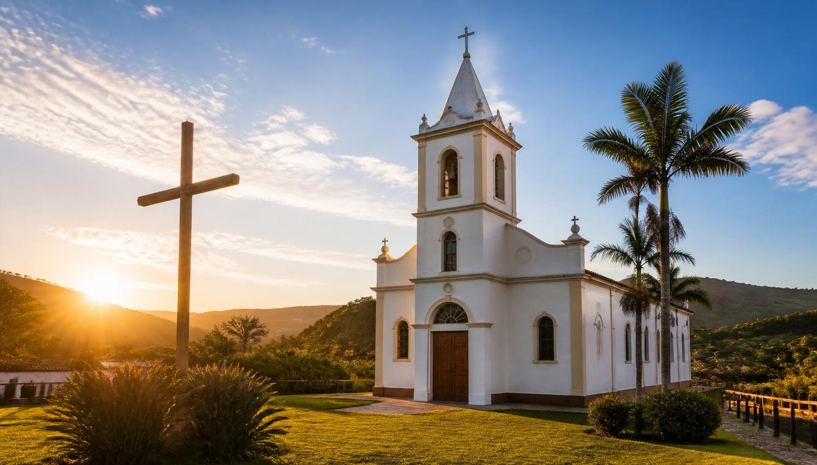Santuário católico em colina rural com cruz de madeira ao amanhecer, representando o turismo religioso em Imaruí (SC)